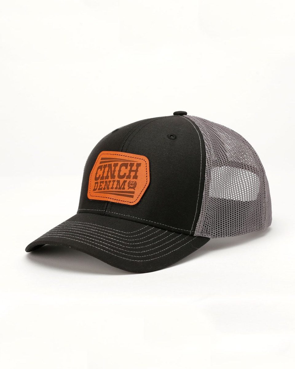 Men's Trucker Cap with Leather Cinch Denim Logo - Black and Gray